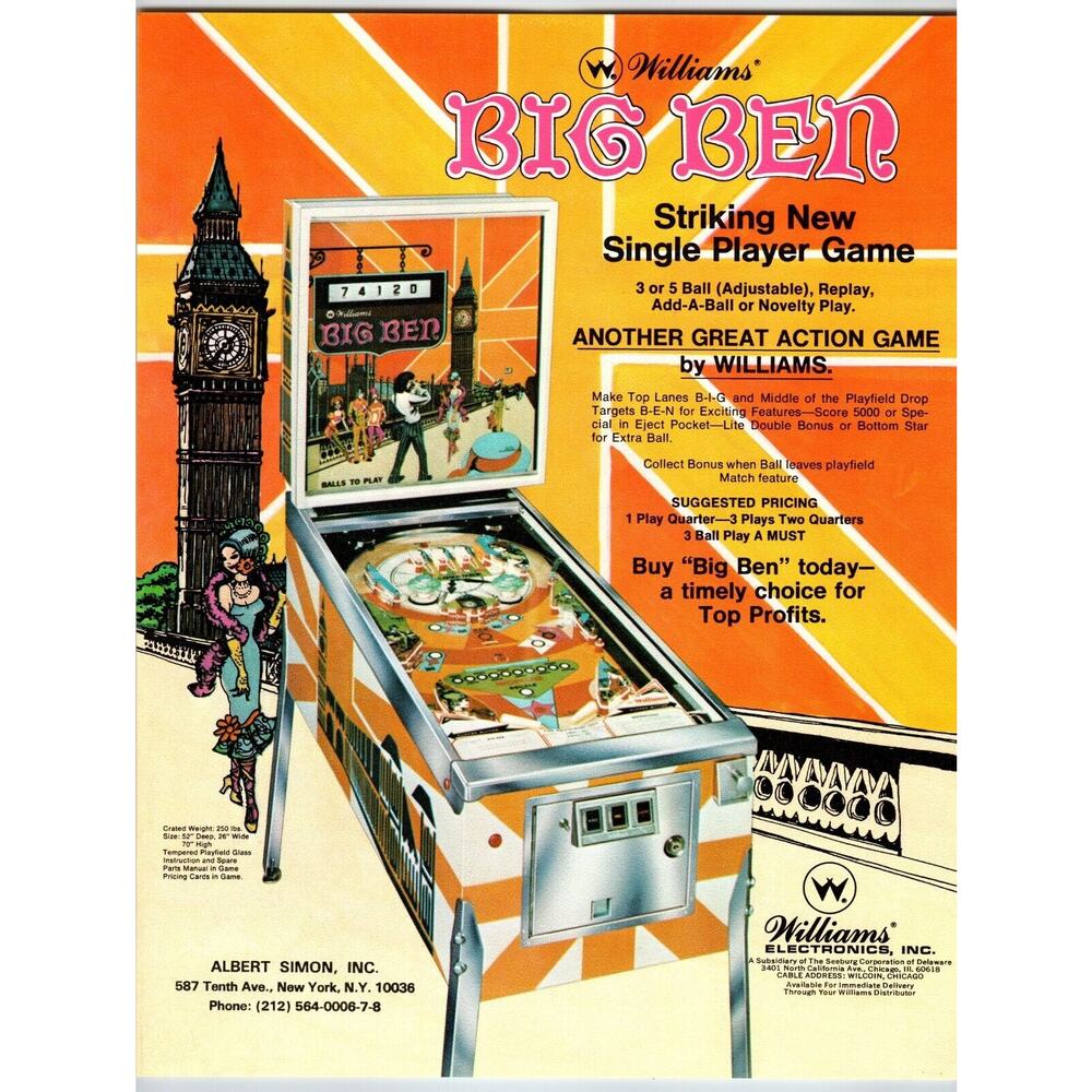 Big Ben Pinball Machine FLYER Original 1975 Retro London Clock Tower 8.5" x 11